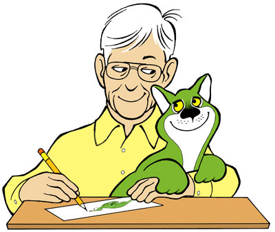 Author Rober Jacobson at the drawing table with is buddy the Big Green Cat